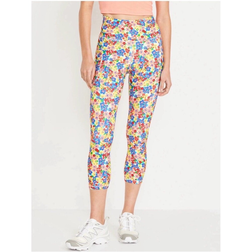 Old Navy 2x High-Waisted PowerSoft Side-Pocket Crop Leggings floral print